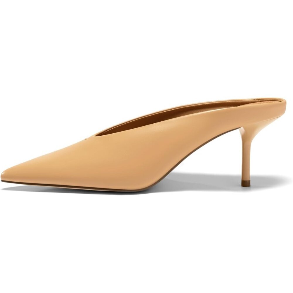 Women's Pu Khaki High Heels Mules Closed Pointed Toe Slide Sandals Slip On
